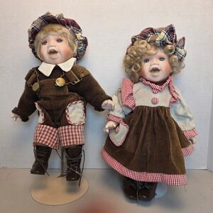 VTG Duck House Heirloom‎ Porcelain Dolls Brother Sister Set W/Stands Bisque 12"